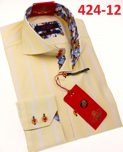 Axxess Yellow Striped Cotton Modern Fit Dress Shirt With Button Cuff 424-12